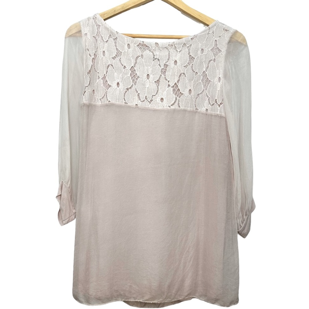 Amanti 100% Silk Blouse Made in Italy Lace Trim Top Size Small - Picture 2 of 15